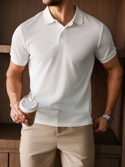 Manfinity CasualCool قميص بولو كاجوال قصير الأكمام أزرار أمامية لون أحادي للرجال