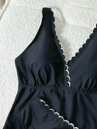 طقم تانكيني حريمي Swim مجموعة سباحة نسائية 2 قطعة، ملابس علوية ذات فتحة رقبة على شكل حرف V وشريط سميك، وشورت سباحة خصر عالي، مجموعة تانكيني أنيقة