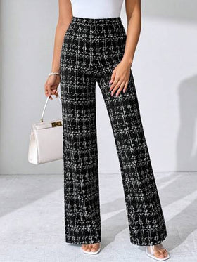 SHEIN Tall CURVE بنطلون نسائي مريح مطاطي مطبوع بنمط المربعات مناسب للمناسبات المختلفة، مناسب للعطلات الصيفية، السفر الأنيق، والتنقل اليومي، وأسلوب العمل الكاجوال، عيد الحب، بنطلون أسود، التنقل اليومي، الربيع