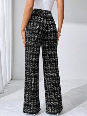 SHEIN Tall CURVE بنطلون نسائي مريح مطاطي مطبوع بنمط المربعات مناسب للمناسبات المختلفة، مناسب للعطلات الصيفية، السفر الأنيق، والتنقل اليومي، وأسلوب العمل الكاجوال، عيد الحب، بنطلون أسود، التنقل اليومي، الربيع