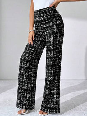 SHEIN Tall CURVE بنطلون نسائي مريح مطاطي مطبوع بنمط المربعات مناسب للمناسبات المختلفة، مناسب للعطلات الصيفية، السفر الأنيق، والتنقل اليومي، وأسلوب العمل الكاجوال، عيد الحب، بنطلون أسود، التنقل اليومي، الربيع