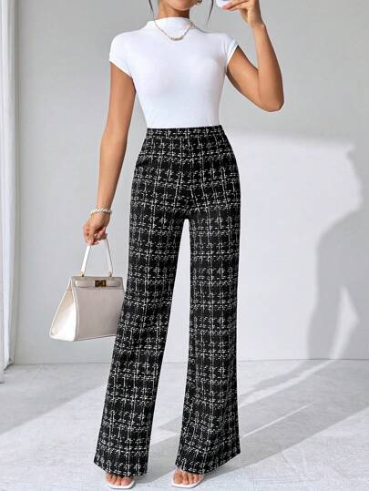 SHEIN Tall CURVE بنطلون نسائي مريح مطاطي مطبوع بنمط المربعات مناسب للمناسبات المختلفة، مناسب للعطلات الصيفية، السفر الأنيق، والتنقل اليومي، وأسلوب العمل الكاجوال، عيد الحب، بنطلون أسود، التنقل اليومي، الربيع
