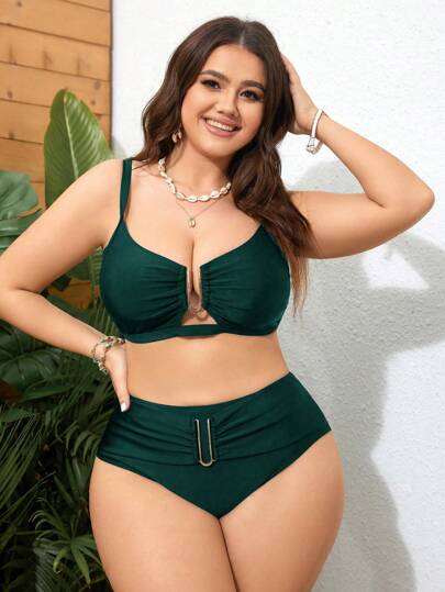 Swim Lushoire مجموعة بكيني مقاسات كبيرة قطعتين بلون واحد، لحفلة رأس السنة، للشاطئ والعطلات الصيفية