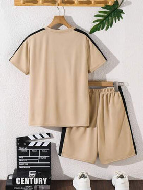 SHEIN 2 قطعة / طقم ملابس للصبي المراهق بتصميم كاجوال، ملابس علوية بأكمام قصيرة وشورت مع ألوان متباينة، طباعة الأحرف، ملابس رياضية مناسبة للذهاب للمدرسة أو للحياة اليومية أو للرياضة في الربيع والصيف