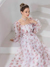 Modelyn فستان نسائي أنيق بأكمام فوانيس طويلة مطبوع بنقوش زهور على كامل السطح