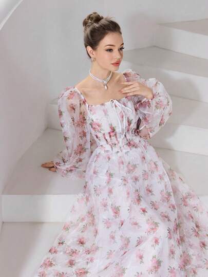 Modelyn فستان نسائي أنيق بأكمام فوانيس طويلة مطبوع بنقوش زهور على كامل السطح