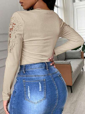 ChicMe ملابس علوية كم طويل مع لوحة من الدانتيل، أزرار وياقة V نصف ملابس علوية مناسبة للياقة الضيقة للاستخدام اليومي والكاجوال