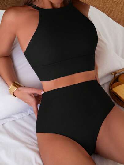طقم تانكيني حريمي Swim Basics 2 مجموعة بكيني للنساء ذات خصر عال أسود بطراز عادي مناسب للعطلة