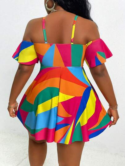 SHEIN Slayr CURVE مجموعة تانكيني للسيدات ذوات الأحجام الكبيرة مع كشكشة على الكتف وأربطة رفيعة للحمالات، مناسب لإجازات الصيف والشاطئ