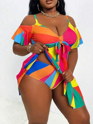 SHEIN Slayr CURVE مجموعة تانكيني للسيدات ذوات الأحجام الكبيرة مع كشكشة على الكتف وأربطة رفيعة للحمالات، مناسب لإجازات الصيف والشاطئ