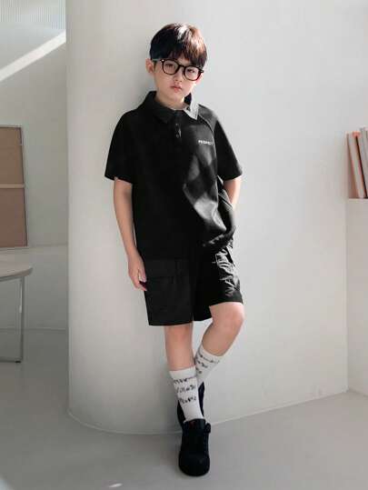 Dazy Kids مجموعة بلوزة بأكمام قصيرة وشورت بسيطة عادية للأولاد المراهقين 2 قطعة ، موضة للاستخدام اليومي