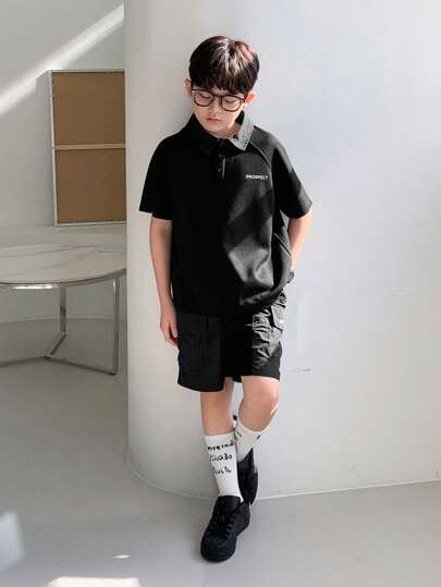 Dazy Kids مجموعة بلوزة بأكمام قصيرة وشورت بسيطة عادية للأولاد المراهقين 2 قطعة ، موضة للاستخدام اليومي