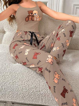 CoupledUp طقم بيجامة نسائية من الكامسول والبنطلون مطبوع عليه الدب