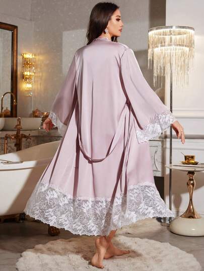 LuxeNights بيجامة نسائية مجموعة من الدانتيل المتباين، ملابس منزلية عصرية للارتداء اليومي، ملابس خريف وشتاء