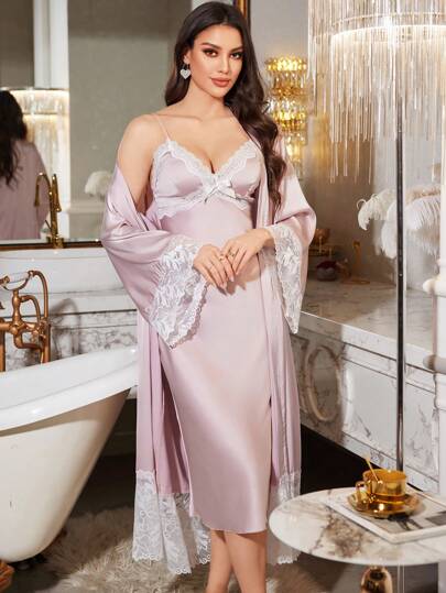 LuxeNights بيجامة نسائية مجموعة من الدانتيل المتباين، ملابس منزلية عصرية للارتداء اليومي، ملابس خريف وشتاء
