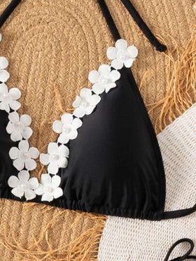 Swim SXY طقم بيكيني نسائي قطعتين بتصميم قطعة ثلاثية الأبعاد بألوان أبيض وأسود، مزخرف بطبعات زهرية متناسقة، تصميم مثير، للاستخدام في فترة الصيف والسباحة والمهرجانات البوهيمية