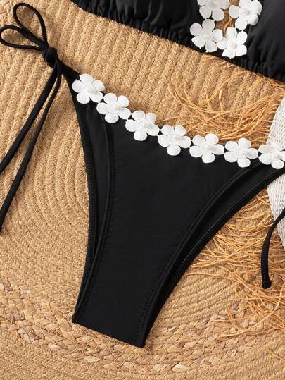 Swim SXY طقم بيكيني نسائي قطعتين بتصميم قطعة ثلاثية الأبعاد بألوان أبيض وأسود، مزخرف بطبعات زهرية متناسقة، تصميم مثير، للاستخدام في فترة الصيف والسباحة والمهرجانات البوهيمية