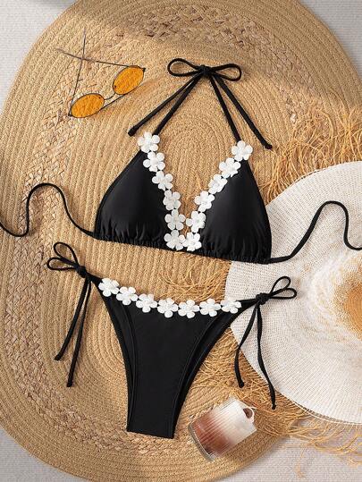 Swim SXY طقم بيكيني نسائي قطعتين بتصميم قطعة ثلاثية الأبعاد بألوان أبيض وأسود، مزخرف بطبعات زهرية متناسقة، تصميم مثير، للاستخدام في فترة الصيف والسباحة والمهرجانات البوهيمية
