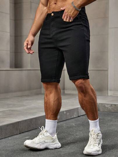 Manfinity Homme شورت جينز صيفي أنيق أسود بسيط قابل للارتداء المتعدد، قصير مناسب للخروج، هدية مناسبة للزوج أو الحبيب