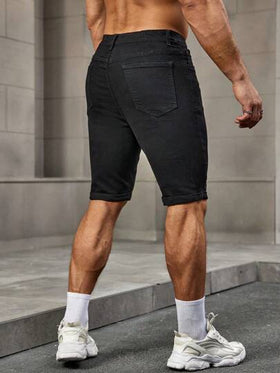 Manfinity Homme شورت جينز صيفي أنيق أسود بسيط قابل للارتداء المتعدد، قصير مناسب للخروج، هدية مناسبة للزوج أو الحبيب