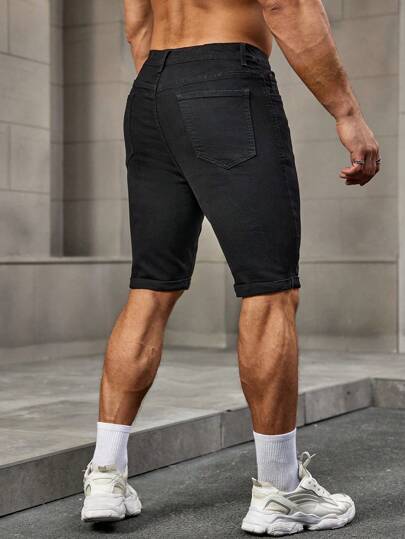 Manfinity Homme شورت جينز صيفي أنيق أسود بسيط قابل للارتداء المتعدد، قصير مناسب للخروج، هدية مناسبة للزوج أو الحبيب