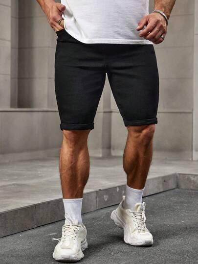 Manfinity Homme شورت جينز صيفي أنيق أسود بسيط قابل للارتداء المتعدد، قصير مناسب للخروج، هدية مناسبة للزوج أو الحبيب