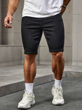 Manfinity Homme شورت جينز صيفي أنيق أسود بسيط قابل للارتداء المتعدد، قصير مناسب للخروج، هدية مناسبة للزوج أو الحبيب