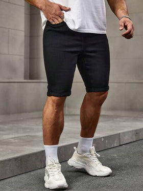 Manfinity Homme شورت جينز صيفي أنيق أسود بسيط قابل للارتداء المتعدد، قصير مناسب للخروج، هدية مناسبة للزوج أو الحبيب