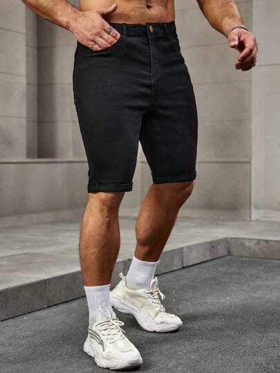 Manfinity Homme شورت جينز صيفي أنيق أسود بسيط قابل للارتداء المتعدد، قصير مناسب للخروج، هدية مناسبة للزوج أو الحبيب