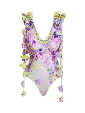 Swim Oasis مجموعة بذلة السباحة بقطعة واحدة مع تنورة، طبعات زهرية رومانسية بتدرج لوني مع شراشيب، مناسبة للصيف والعطلات على الشاطئ للنساء
