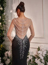 Glamrae فستان سهرة أنيق طويل الأكمام بياقة على شكل حرف V، لامع بالكريستال 3D مزين باللؤلؤ يدويًا، شفاف مفتوح الظهر بذيل إلى الأرض على شكل ذنب حوريات البحر، ملائم للحفلات والمناسبات الرسمية وحفلات الزفاف