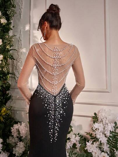 Glamrae فستان سهرة أنيق طويل الأكمام بياقة على شكل حرف V، لامع بالكريستال 3D مزين باللؤلؤ يدويًا، شفاف مفتوح الظهر بذيل إلى الأرض على شكل ذنب حوريات البحر، ملائم للحفلات والمناسبات الرسمية وحفلات الزفاف