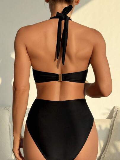 Swim DD+ مجموعة بيكيني مكونة من ملابس علوية ملابس علوية عنق هالتر باربطة والأسفل ذو خصر عالي على شكل حرف V، لون أحادي، داعم من الصلب، للنساء، للاستخدام اليومي في الشاطئ والعطلات الصيفية