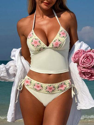 طقم تانكيني حريمي Swim Mod بيكيني مكون من 2 قطعة: ملابس علوية تانكيني بتطريز زهري على الرقبة الحالقة، وسراويل جانبية مربوطة للنساء في فصل الربيع