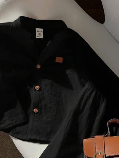 SHEIN طقم قميص كم طويل ذو ياقة واقفة وبنطال بخصر مطاطي للأطفال الكاجوال ،باللون الأسود، مناسب للخريف/الربيع/الصيف ، مناسب لحفلات أعياد الميلاد ،رأس السنة ، الزفاف ، حفلات استقبال المولود