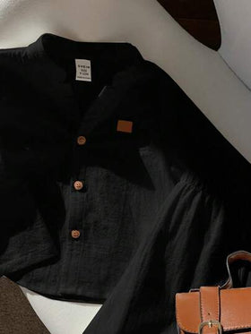 SHEIN طقم قميص كم طويل ذو ياقة واقفة وبنطال بخصر مطاطي للأطفال الكاجوال ،باللون الأسود، مناسب للخريف/الربيع/الصيف ، مناسب لحفلات أعياد الميلاد ،رأس السنة ، الزفاف ، حفلات استقبال المولود