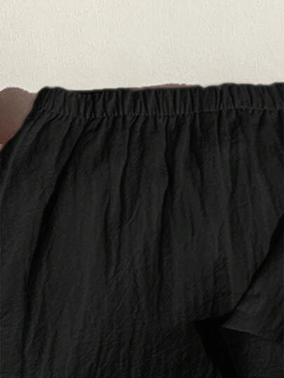 SHEIN طقم قميص كم طويل ذو ياقة واقفة وبنطال بخصر مطاطي للأطفال الكاجوال ،باللون الأسود، مناسب للخريف/الربيع/الصيف ، مناسب لحفلات أعياد الميلاد ،رأس السنة ، الزفاف ، حفلات استقبال المولود