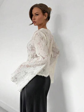 Almamuse بلوزة ذات أكمام على شكل جرس ملونة أنيقة وأنثوية وأنيقة