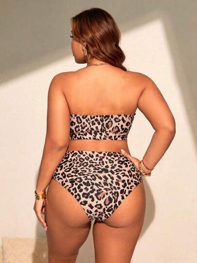 SHEIN Slayr CURVE مجموعة بكيني بحجم كبير مطبوع بنمر مزود بربطة متقاطعة عالية الخصر لعام 2015 ، بقطعتين ، ملابس شاطئية للعطلات والتنزه الصيفي