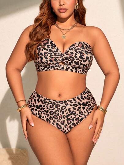 SHEIN Slayr CURVE مجموعة بكيني بحجم كبير مطبوع بنمر مزود بربطة متقاطعة عالية الخصر لعام 2015 ، بقطعتين ، ملابس شاطئية للعطلات والتنزه الصيفي