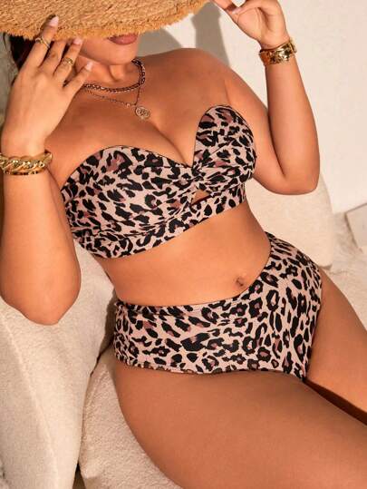 SHEIN Slayr CURVE مجموعة بكيني بحجم كبير مطبوع بنمر مزود بربطة متقاطعة عالية الخصر لعام 2015 ، بقطعتين ، ملابس شاطئية للعطلات والتنزه الصيفي