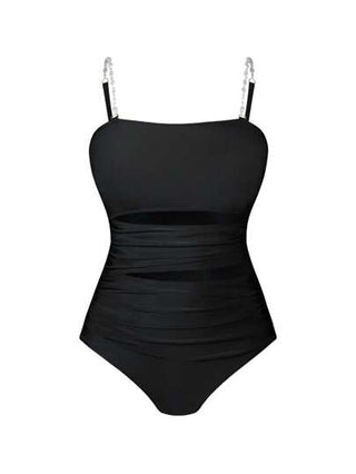 Swim Oasis ملابس السباحة للمرأة ذات الحجم الكبير، ذات حمالات من اللؤلؤ الأسود مع تصميم مكشوف، قطعة واحدة، مع سرونج شفاف مطابق، للاستخدام في الشاطئ والإجازات الصيفية والمنتجعات