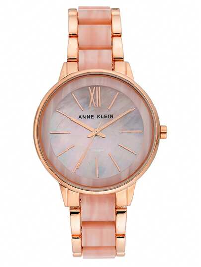 Anne Klein ساعة الأنيقة للنساء ذات الإطار الوردي الذهبي والإسورة القابلة للتعديل من الراتنج الوردي والقرص الأم اللؤلؤي الوردي الفاتح الدائري التناظري مقاومة للماء، موديل AK/1412PKRG