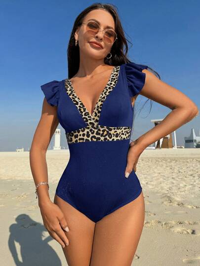 مايوه حريمي قطعة واحدة Swim بدلة سباحة قطعة واحدة للنساء مع بقع جلد الفهد ولربطة أمامية