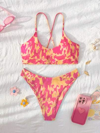 Swim Lushoire 2 قطعة بيكيني نساء طراز بوهيمي ذو حزمة حرة عشوائية الطباعة، حمالات رفيعة متقاطعة لمناسبات الربيع والصيف الجديدة