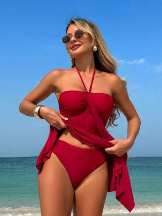 طقم تانكيني حريمي Swim Lushore طقم تانكيني حلقي بطيات لون أحادي ، عطلة صيفية شاطئية