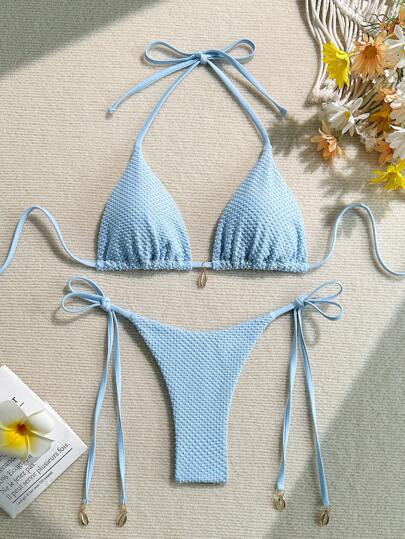 Swim طقم بكيني ذو موحد اللون وقوام نسيجي للعطلات والشاطئ