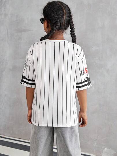 تيشيرتات بناتي Streecool Kids قميص طاقم رقبة قصير الأكمام مخطط بزخارف غرافيتي بنمط للفرق الأمريكية الرياضية، ملابس مرنة متنوعة للشارع والرياضة والإجازات والصيف والسفر للفتيات
