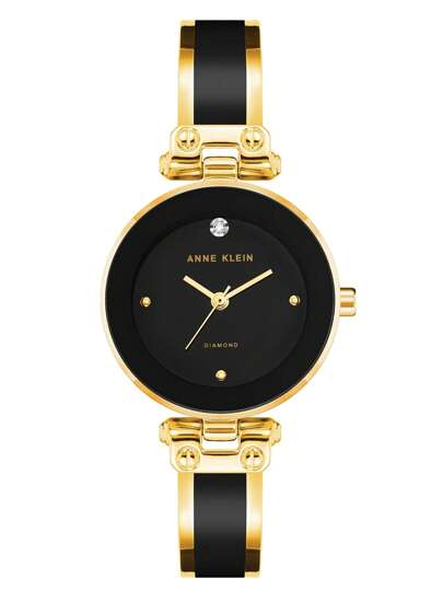 Anne Klein ساعة سوار للنساء بإطار ذهبي وأسود مرصعة بالراين ستون، ساعة أنيقة وكاجوال هدية للسيدات، AK/1980BKGB