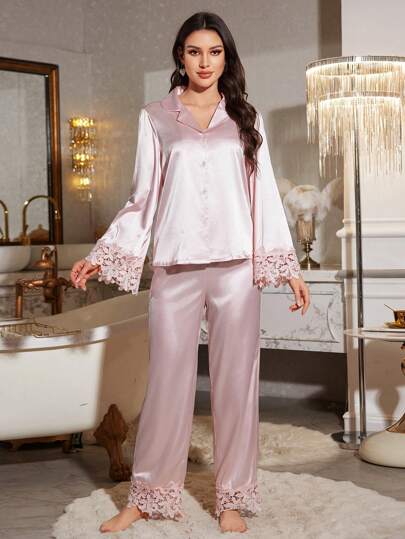 LuxeNights مجموعة بيجامة نسائية مكونة من قطعتين، مزينة بتفاصيل من الدانتيل، ملابس شتوية مريحة وأنيقة